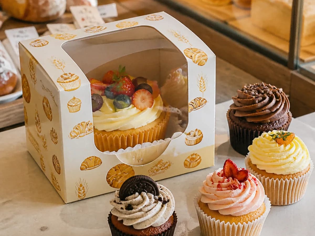 白色開窗杯子蛋糕盒搭配多款杯子蛋糕的烘焙店產品組合示意